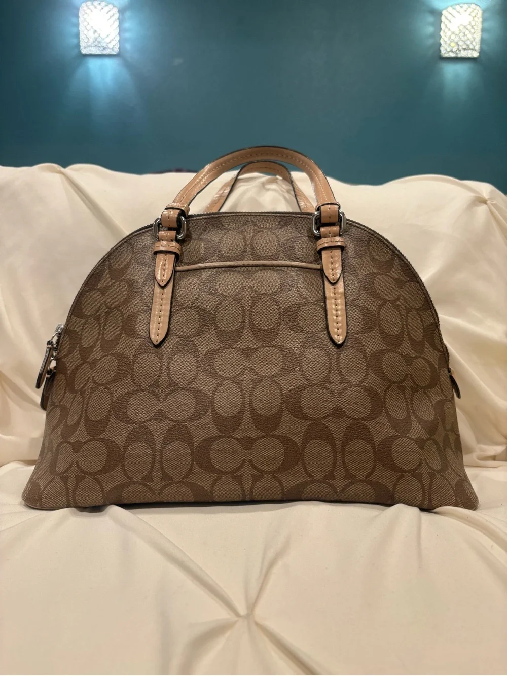 Coach Peyton Signature Cora Domed Satchel Khaki/Beige Pink Tag